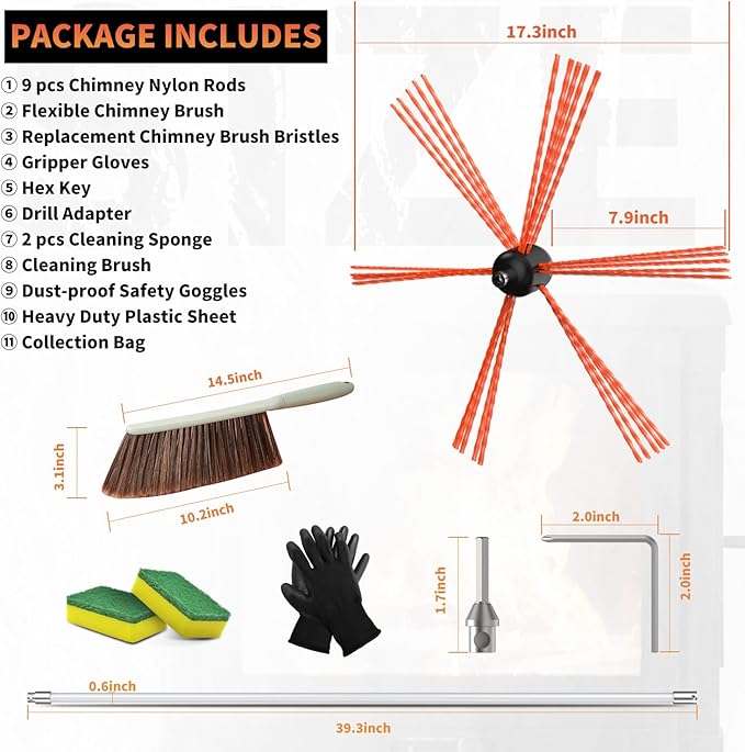 Sealegend 30 Feet Chimney Sweep Kit Chimney Brush, Chimney Cleaning Kit and Rotary Chimney Cleaning System, Fireplace Brush Tool with 9 Nylon Flexible Rods