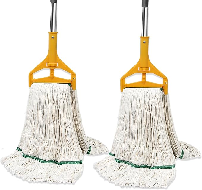 2 Pack Commercial Mop Heavy Duty Industril Cotton MopReplacements Heads, 20 oz Wet Industrial Cotton Looped End String Mop Refills with 2 60" Long Handle Heavy Duty for Floor Cleaning