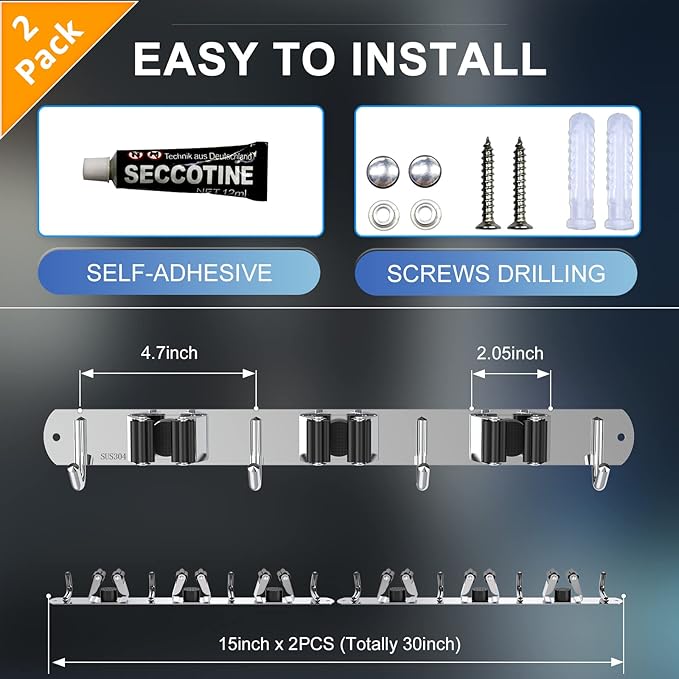 ZONGOOL 2 Pack 3 Racks and 4 Hooks Mop and Broom Holder Wall Mount, Heavy Duty Broom Hanger Organizer Storage Tool Racks Stainless Steel Self Adhesive Wall Hanger for Kitchen Garden Laundry Garage