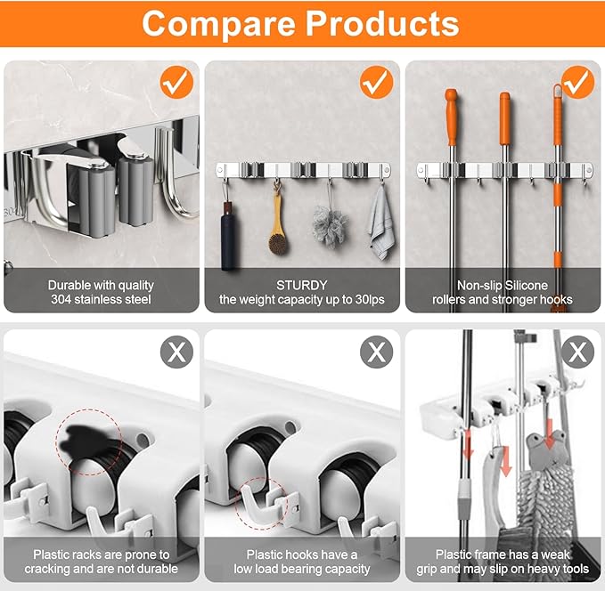 2 Pack Mop and Broom Holder Wall Mount, Non-slip Broom Hanger, Heavy Duty Mop Broom Organizer for Kitchen Garden Garage Laundry Room Wall Decor Organization and Storage Silver 3R4H