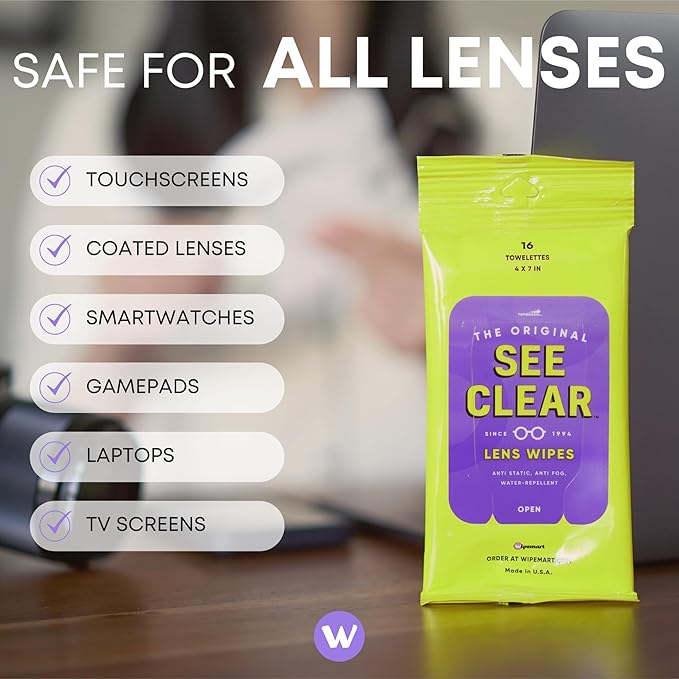 Wipemart See Clear Original Lens Cleaning Wipes - Pre-Moistened Eyeglass & Screen Cleaning Cloth Towelettes - Streak Free, Scratch Free Lens & Electronic Screen Cleaner - 24 Resealable Packs of 16