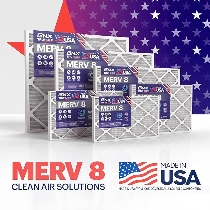 BNX 20x25x1 MERV 8 Air Filter 2 Pack - MADE IN USA - Electrostatic Pleated Air Conditioner HVAC AC Furnace Filters - Removes Dust, Mold, Pollen, Lint