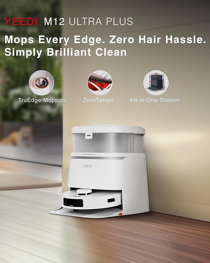 Yeedi M12 Ultra Plus Robot Vacuum & Mop – White Upgraded Version | 11800Pa Stronger Suction, ZeroTangle Hair-Free Brush, Includes 4 Dust Bags, Auto Hot-Water Mop Wash & Dry