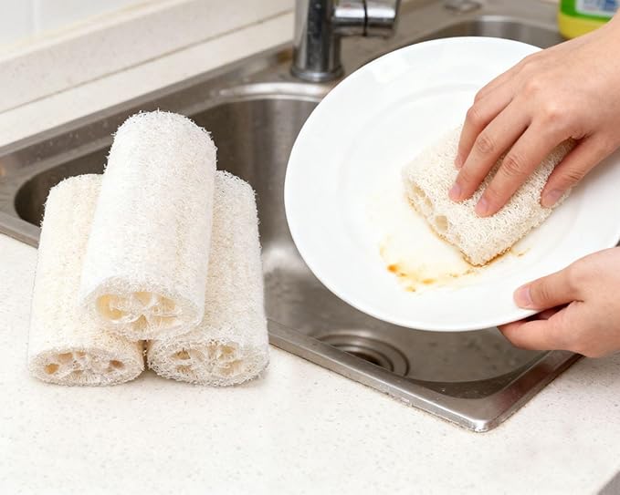 Ultimate 4-in-1 Kitchen Cleaning Set: Natural Loofah Roll, Pads, 3 Suction Cup Brushes (Dish/Bottle/Straw), Bendable Detail Brush - All-Purpose Scrubbing for Pots, Pans, Cups, Sinks, Corners