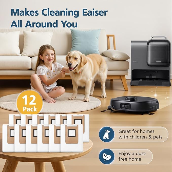 E25 / E28 Dust Bag, 12 Pcs Vacuum Bags for Eufy E25 and E28 Robot Vacuum, 3L Large Capacity Replacement Bags, Leak-Proof