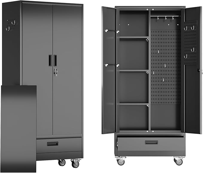 SUXXAN Broom Closet with Wheels 71"x 31.5"x15.75", Metal Cleaning Cabinets with Drawer Hooks and Hanging Rods, Lockable Cabinet with Pegboard, Adjustable Shelf,for Garage, Laundry Room