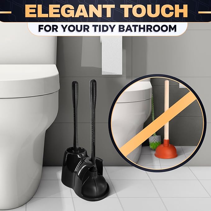 2-in-1 Black Toilet Brush and Plunger Set with Holder – Compact Bathroom Cleaning Combo, Strong Rubber Plunger & Stiff Bristle Brush, Space-Saving Stand, Fits Most Standard Toilets, 9.3×6.3×15.2 inch