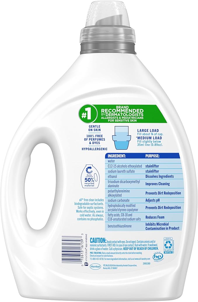 all Liquid Laundry Detergent, Free Clear for Sensitive Skin with OXI, Unscented and Hypoallergenic, 2X Concentrated, 90 Loads
