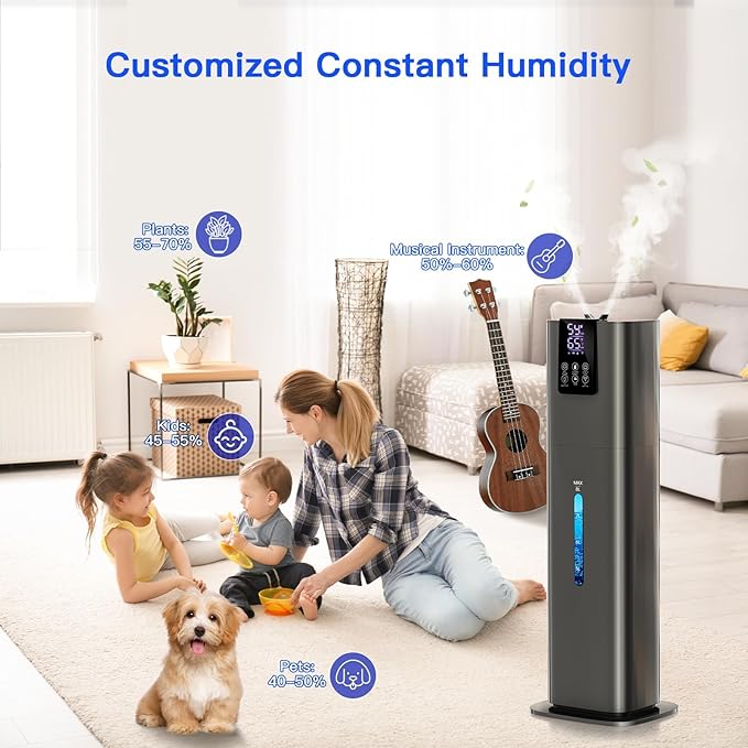 Smart Humidifiers Large Room Bedroom Home, 2.11Gal(8L) Quiet Top Fill Cool Mist Humidifier, Smart App & Remote Control, 3 Speed Humidifier with 360° Nozzle, Humidity Setting for Baby Office(Gray)
