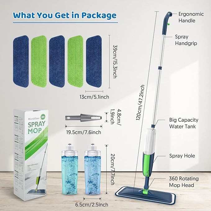Spray Wet Mops for Hardwood Floor Cleaning: MEXERRIS Floor Mop with 5 Washable Pads for Swiffer Powermop & 2 Refillable Bottles - Home Commercial Dust Dry Mops for Wood Laminate Vinyl Tiles Ceramic