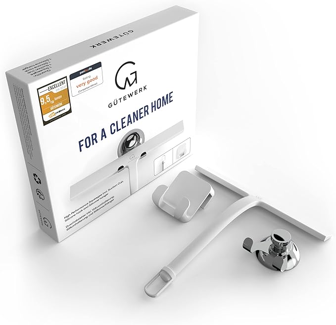 GÜTEWERK Shower Squeegee for Glass Doors, Silicone Window Squeegee, Bathroom and Glass Cleaning - White - 9 Inch