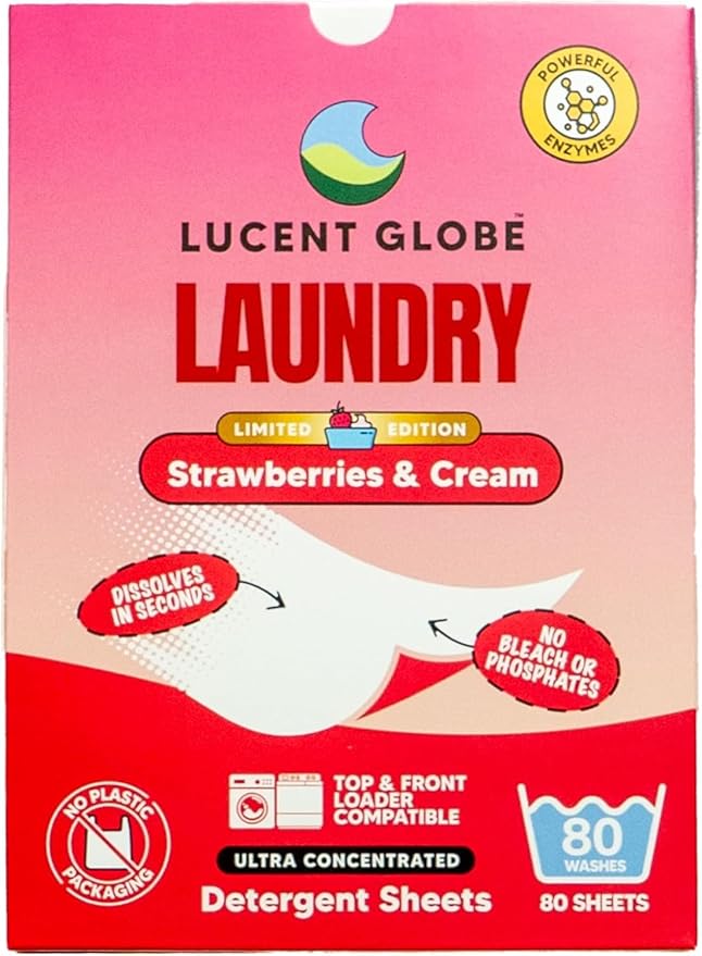 Lucent Globe Laundry Detergent Sheets. Pre-Measured Laundry Sheets. Powerful Stain Removal. Works in All Clothes Washers. (1 Pack - 80 Washes, Strawberries & Cream)