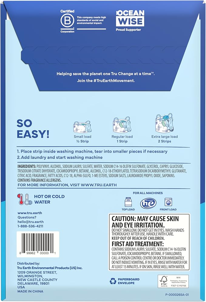 Tru Earth Compact Dry Laundry Detergent - Up to 128 Loads (64 Sheets) - Paraben-Free - Original Eco-Strip Liquidless Detergent, Travel - Fresh Linen | Packaging May Vary