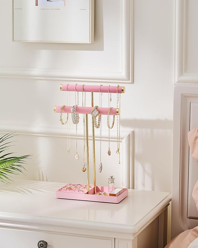 Lolalet 2-Tier Necklace Holder Display, Velvet Wrapped Bracelet Stand with Removable Ring Tray, Tall Jewelry Organizer for Bangles Watches Earrings, Galentines Valentines Gifts for Girls Women -Pink