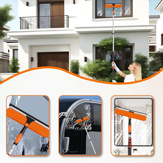 26FT Telescoping Window Cleaning Kit with 14" Squeegee - 2-in-1 Professional Window Scrubber & Extension Pole - Extra Long High-Reach Glass Cleaner Tool for Indoor & Outdoor High Windows, RV