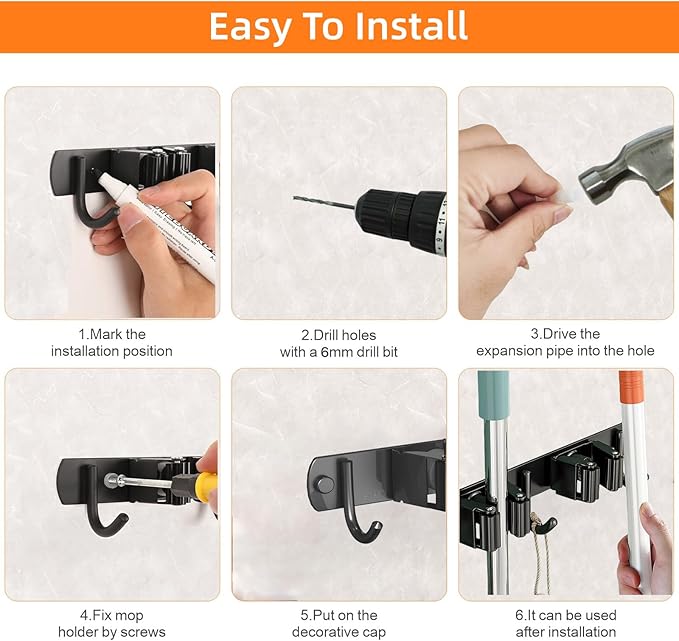 2 Pack Mop and Broom Holder Wall Mount, Non-slip Broom Hanger Wall Mount, Heavy Duty Mop Broom Organizer for Kitchen Garden Garage Laundry Room Wall Decor Organization and Storage Black 4R5H