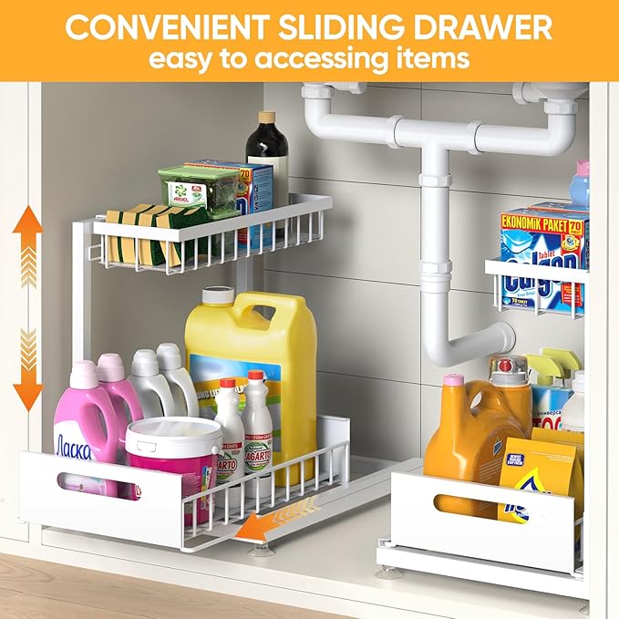 Under Sink Organizer Storage 2-Tier Premium Metal Pull-Out Kitchen Cabinet Organizer with Sliding Drawer, Height Adjustable, Heavy Duty for Kitchen & Bathroom Organizers 2 Pack White