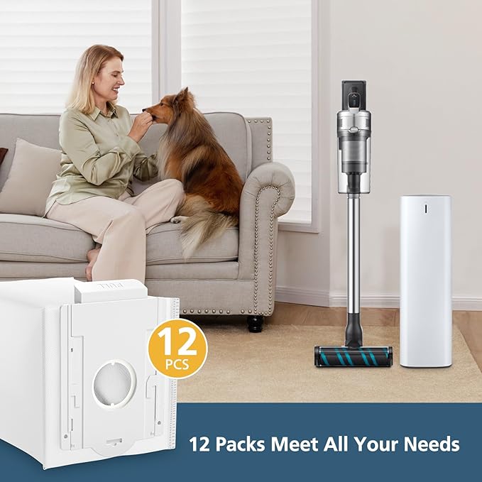 12 Pack VCA-ADB90 Dust Bag Compatible with Samsung VCA-SAE903/AA & VCA-SAE904/AA, Replacement Bags for Jet 75 Complete 75+ 90+ 70+ Series Stick Cordless Vacuum Cleaners, Compared to Part VCA-ADB90/XAA