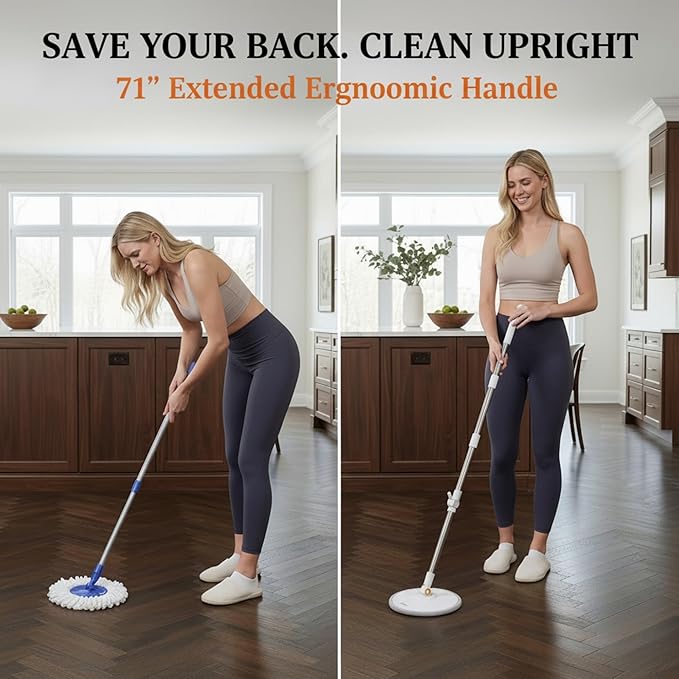 3-in-1 Precision Spin Mop & Bucket System, 71” Extra-Long Handle, Clean-Water Separation, 3 Specialized Heads for Baseboards & Corners, Compact for Hardwood & Micro-Porous Floors