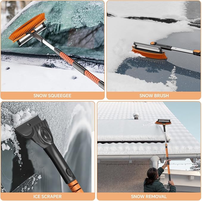 4-In-1 Snow Brush and Ice Scrapers for Car Windshield 55'' Extendable Snow Shovel Snow Broom Kit with Squeegee, Foam Grip 180°Pivoting Thicken Brush Head Portable Snow Scraper for Car, Trucks, SUV