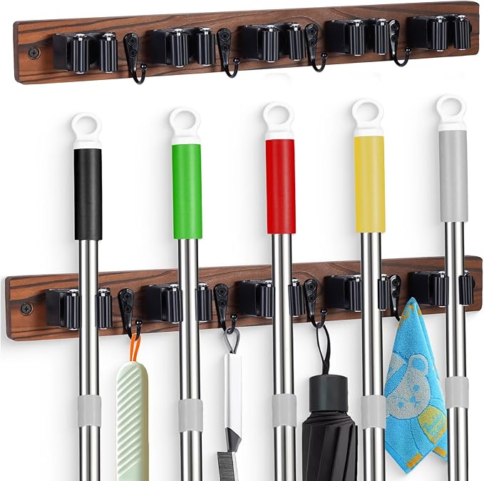 2 PACK Broom Holder Wall Mount With 5 Slots & 4 Hooks,Rustic Wood Broom & Mop Hanger,Wall Mounted Garden & Garage Tool Storage Organizer Rack for Closet Laundry Room or Kitchen Wall Decor