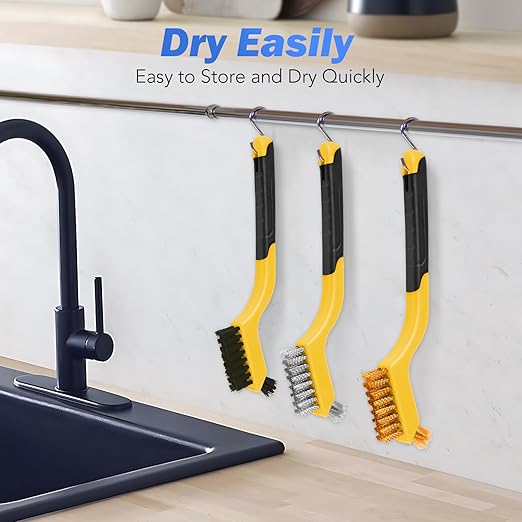 Wire Brush Set, 6 Pcs Brass/Stainless Steel/Nylon Wire Brushes for Cleaning with Curved Handle Grip for Rust Removal, Dirt, Paint Scrubbing(Yellow)