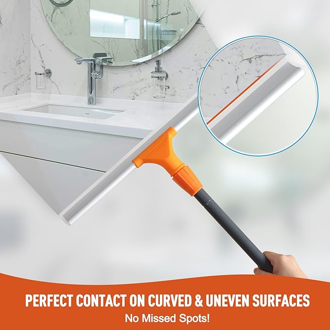 Silicone Floor Squeegee for Shower Glass, Floor, and Garage - Heavy-Duty Pet Hair Remover, Bathroom Tile Cleaner, Window Wiper - Flexible, No Streaks, Compact Storage