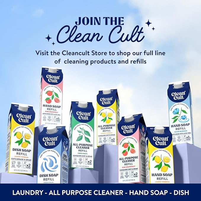 Cleancult Dish Soap Liquid Refill (32oz, 1 Pack) - Plant Based Cleaning Power - Dish Soap that Cuts Grease & Grime - Free of Harsh Chemicals - Uses 90% Less Plastic - Mandarin Peel