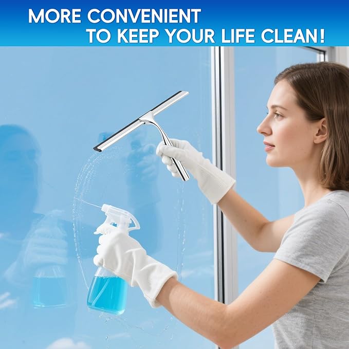 Shower Squeegee for Glass Doors,Stainless Steel Shower Door Squeegee,Windows, Mirrors, Car Windows, Tile Shower Walls, 10 Inch Silver,Durable Includes Shower Door Adhesive Hook