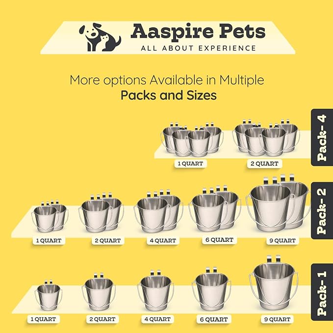 1 Quart Stainless Steel Flat Sided Bucket with Dual Hooks | 4 Pcs Durable Food & Water Bowl for Dog Cat Bird & Small Animals | Fits kennel Cage Crates Farm Hanging Pet Pail | Multipurpose