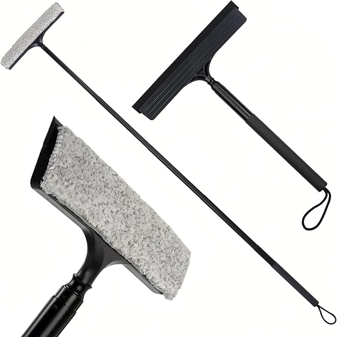 Window Squeegee with Flip-Head, 16-59" Telescopic Pole & 30% Thicker Blade - All-in-One Scrub and Dry System for Shower, Car, and Windows