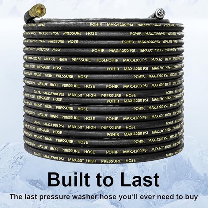 POHIR Pressure Washer Hose 50 ft with 3/8 Inch Quick Connect, Kink Resistant High Tensile Wire Braided,with 2 pcs M22 14mm Adapter Set, 4200 PSI Power Washer Hose