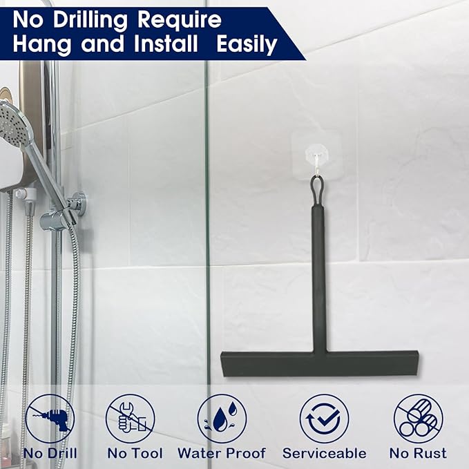 Shower Squeegee for Shower Glass Door Bathroom Accessories Squeegee Scraper Scrubber Rubber Blade with Holder Wiper Cleaning Tool for Bathroom Tile Window and Mirror- Black - 9 Inch