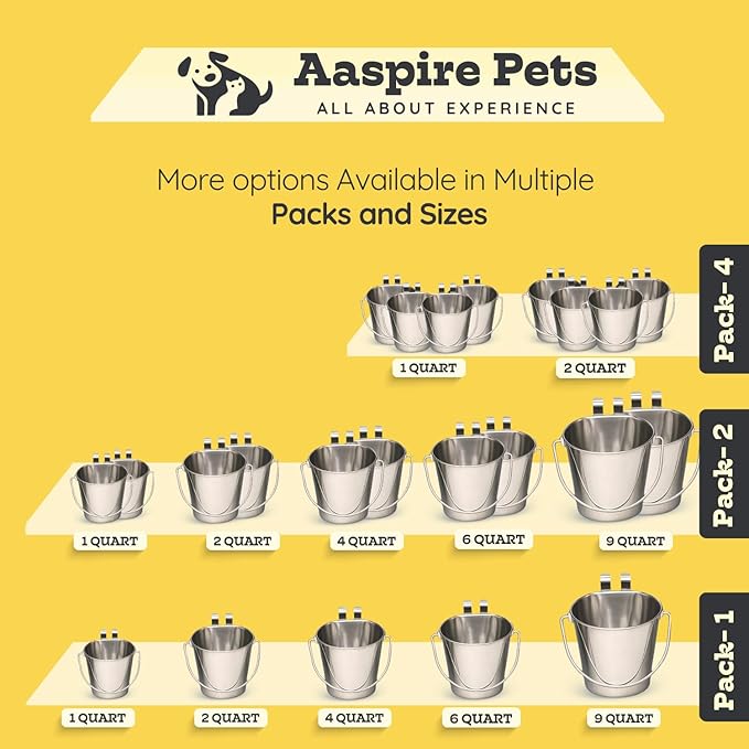 1 Quart Stainless Steel Flat Sided Bucket with Dual Hooks | 2 Pcs Durable Food & Water Bowl for Dog Cats Bird & Small Animals | Fits kennel Cage Crates Hanging Pet Pail | Multipurpose use