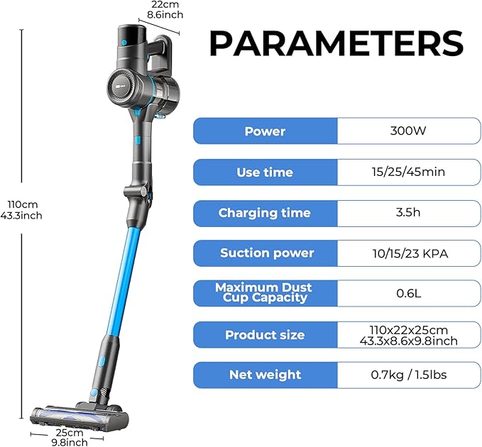 Apical Life Cordless Vacuum Cleaner, 40Kpa 300W Stick Vacuum with Foldable Tube, 45 Mins Runtime, LED Headlight, HEPA Filter, Wall-Mounted Storage, 3-in-1 for Carpet and Hard Floor