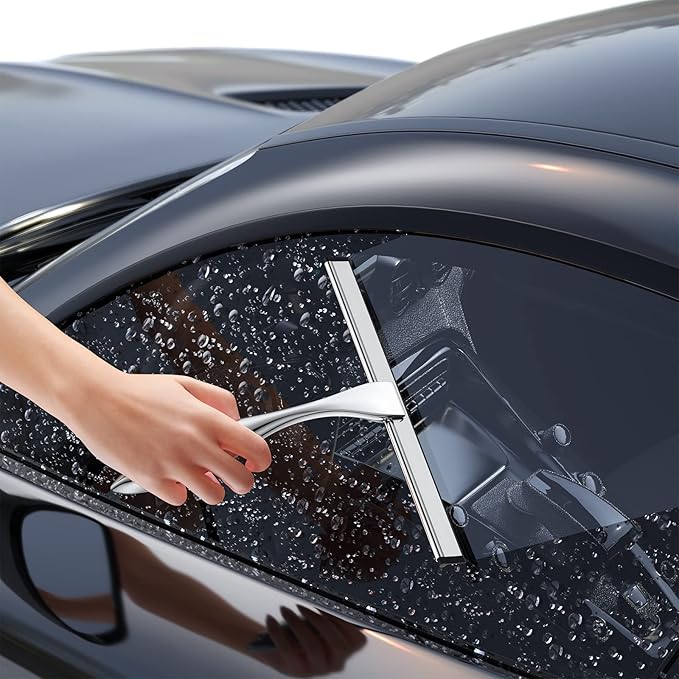 Shower Squeegee for Glass Door 12-Inch Stainless Steel Bathroom Squeegee Window Wiper, 100% Streak-Free, Includes Shower Door Hook and Adhesive Hook, for Window Mirror Tiles Car All-Purpose Squeegee