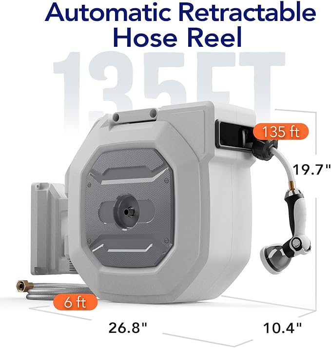 135 ft Retractable Garden Hose Reel, Heavy Duty Garden Hose Reels Outdoor Organizer- Self Retracting Wall Mount Hose Reel Automatic Recoil Storage, Any Length Lock, 10 Pattern Nozzle, White