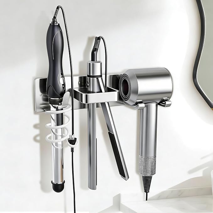 Blow Dryer Holder Wall Mount, 3 in 1 Bathroom Hair Tool Organizer with Curling Iron Holder & Flat Iron Holder, Universal Hair Dryer Holder Rack Storage (Silver)