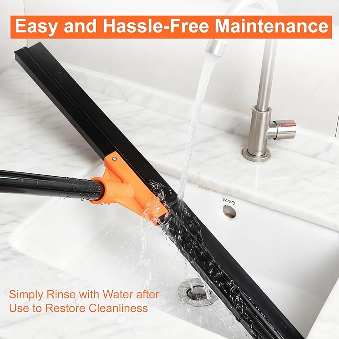 Heavy Duty Floor Squeegee for Concrete Tile Cleaning, 24" Rubber Wiper Squeegee Broom with Long Handle, Commercial Scrubber Mop for Garage Deck Bathroom Kitchen Pool Glass