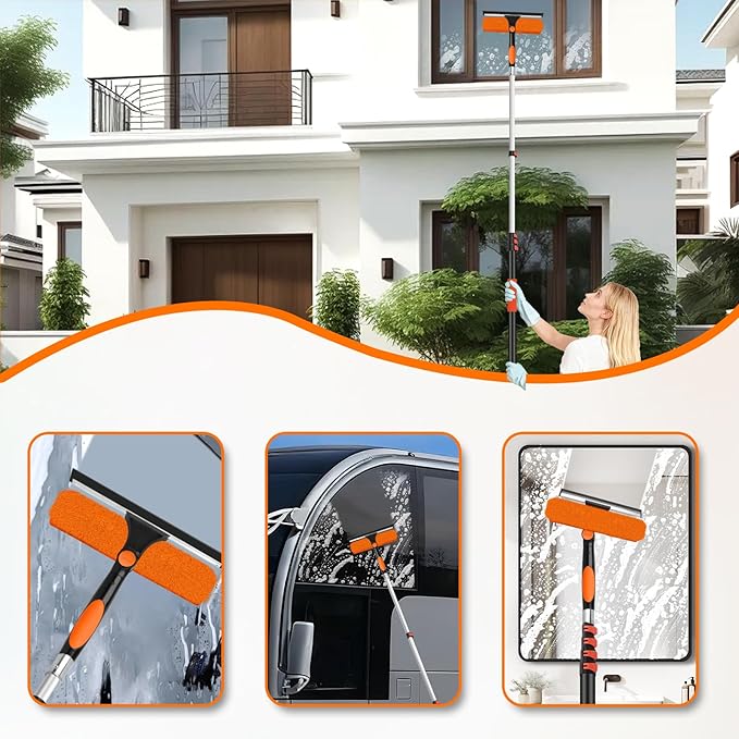 26FT Telescoping Window Squeegee Kit | 2-in-1 Professional Window Washer & Microfiber Scrubber with Extension Pole | High Reach Cleaning Tool for Outdoor, Indoor Windows & Glass