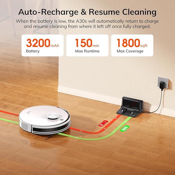 ILIFE A30s Robot Vacuum Cleaner, 10000Pa Max Suction Power with Lidar Navigation, Home Mapping, No-Go Zone, 150 Mins Max, 2.4G WiFi/App/Alexa/Remote Control, for Hard Floor, Carpet and Pet Hair