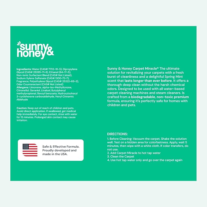 Sunny & Honey Carpet Cleaner Solution - Carpet Shampoo & Pet Stain Remover for Upholstery & Rugs - Works With Steam Cleaners (128 fl oz, Spring Mint Scent)