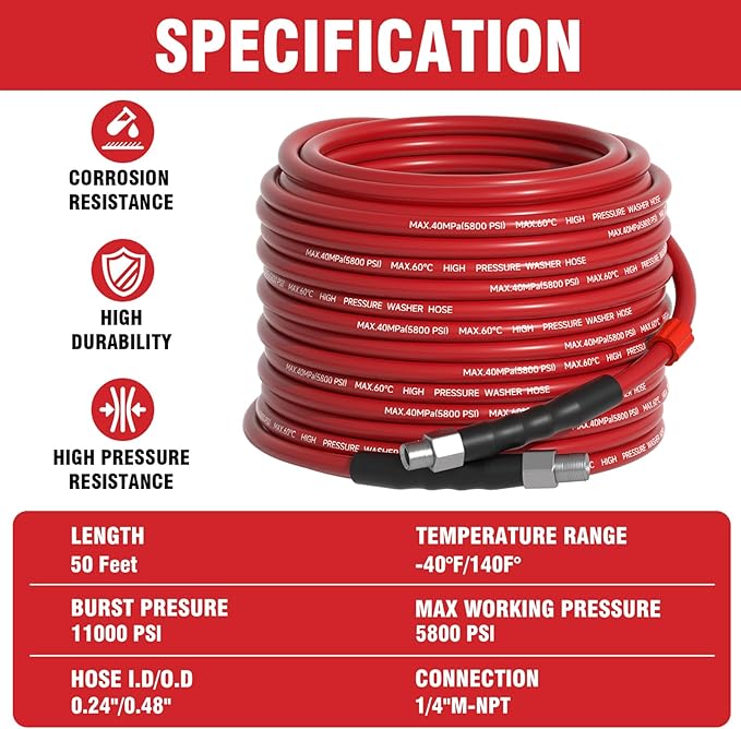 Sewer Jetter Kit 50FT for Pressure Washer, 5800 PSI Drain Cleaner Hose 1/4 Inch NPT with Spray Nozzle, Button Nose and Rotating Sewer Jetting Nozzle, Spanner Teflon Tape Pearl Corsage Pin