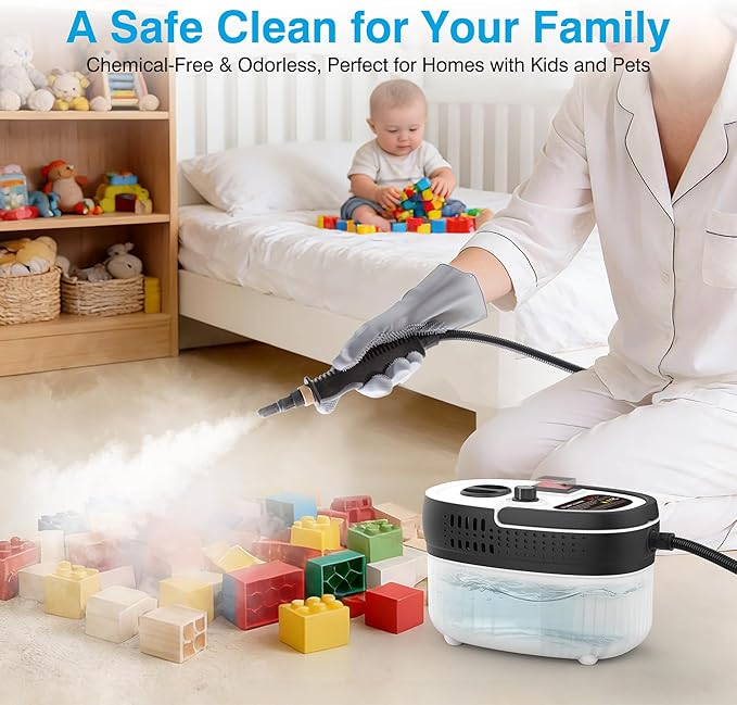 Steam Cleaner Handheld with 3m Long Steam Hose, 2500W & Infinite Adjustment High Pressure Portable Steam Cleaner, ANSI Z87.1 Safety Goggles for Car Cleaning, Home, Tile, Grout, Floor