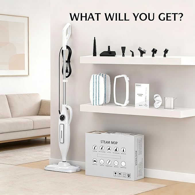 10-in-1 Steam Mop with Power Handheld Steam cleaner, Removable Water Tank, 266℉Deep Cleaning, 2 Steam Modes & Multi-Purpose Steamer For Hardwood Floor, Laminate, Marble, White