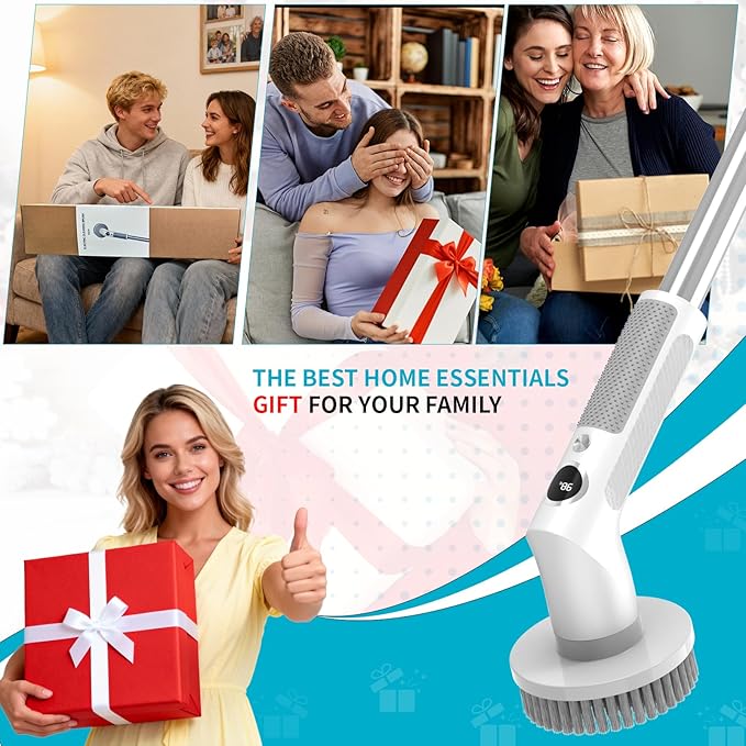 Electric Spin Scrubber, Cordless 20W High-Torque IPX7 Waterproof Cleaning Brush with LED Battery Display, 2-Speed &6 Replaceable Heads & Extendable Long Handle for Bathroom Kitchen Car