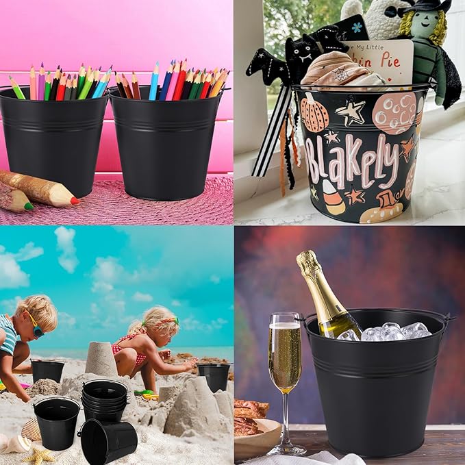 18 Pack 4 Inch Black Mini Metal Bucket, Elegant Galvanized Buckets with Handles, Tin Buckets, Small Iron Bucket, Mini Metal Pail for Party Favors, Crafts, Garden & Beach
