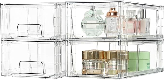 Vtopmart 2 Pack Stackable Storage Drawers,Clear Acrylic Drawer Organizers with Handles, Easily Assemble Containers for Fridge, Bathroom,Kitchen Undersink,Cabinet,Pantry Organization and Storage