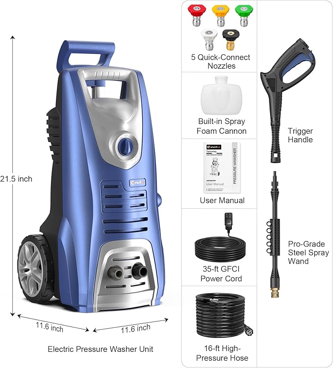1600W Washer with 5Nozzles Set&Foam Cannon,16ft Hose,Adjustable Handle,Power Washer for Driveways, Cars, Fences, Decks, Patios&Outdoor Cleaning