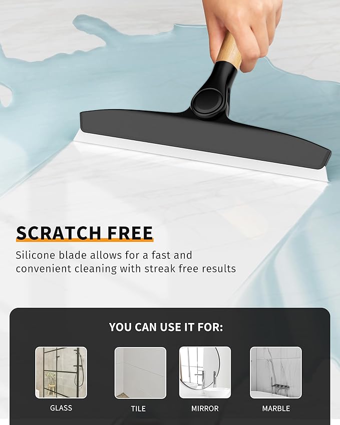 MR.SIGA All Purpose Silicone Squeegee for Shower Door, Mirror, Glass, Streak Free Shower Squeegee, Pivoting Bamboo Handle, Includes 1 Suction Hook, 10 inch Wide, Black, 1 Pack